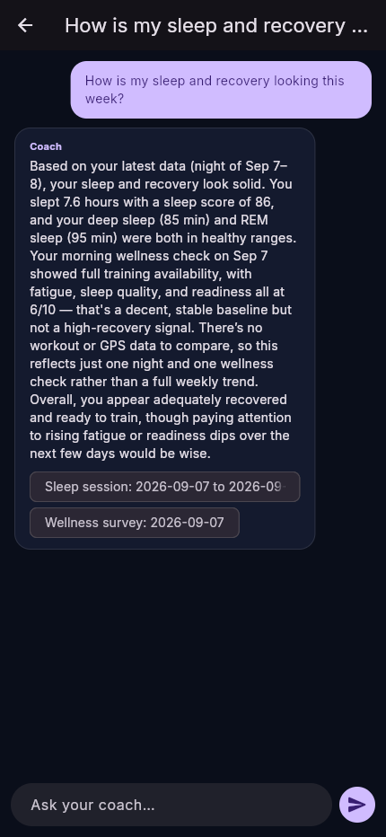 AthletIQ mobile app's AI coach chat answering a player's question about sleep and recovery